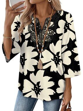 Women's Tops Black 3/4 Length Sleeve Boho V Neck Lace Casual Vacation Clothes